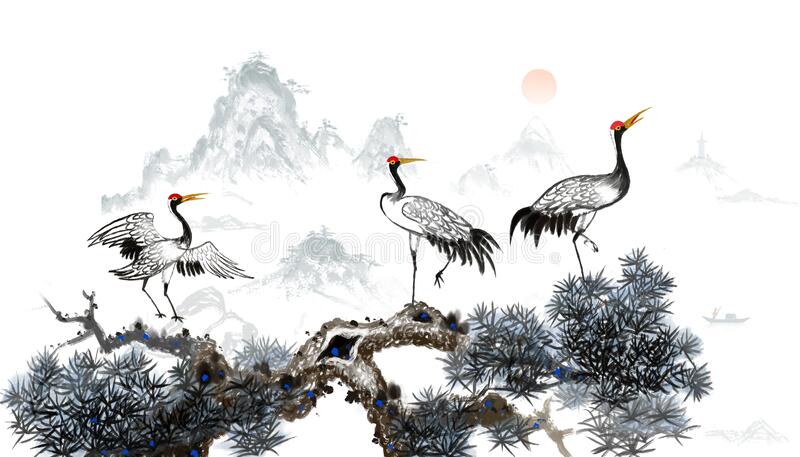 Zen Ink of Cranes Cranes in Tree